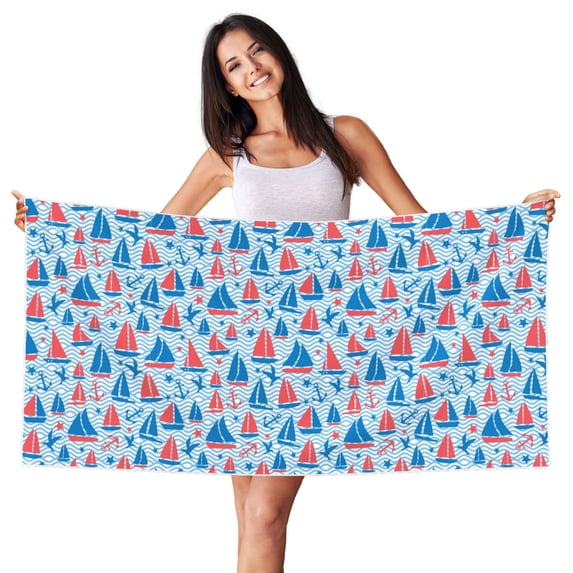 Picia Sailboats On A Waves Print Silver Fox Velvet Beach Towel,Quick-Dry Beach Towel,Lightweight Travel Towel,Portable Beach Towels
