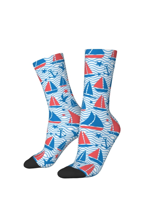 Sailboats On A Waves Print Athletic Socks for Men & Women – Cushioned Moisture-Wicking Crew Socks for Sports, Running, and Training, Soft & Breathable Size 5-11
