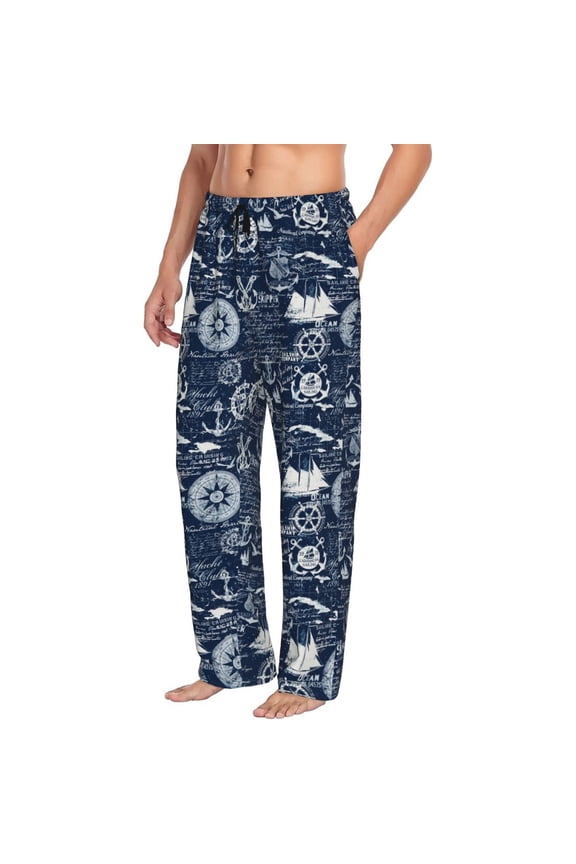 Sailing Cruises Nautical Mens Soft Woven Cotton Elastic Waistband Sleep Pajama Pant Lounge Sleep Pant With Pockets And Drawstring-Medium