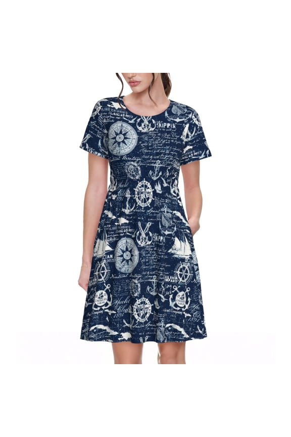 Sailing Cruises Nautical Pattern Women's Short Sleeve Summer Dress Pleated Loose Swing Knee Length Short Sleeve Swing Dresses