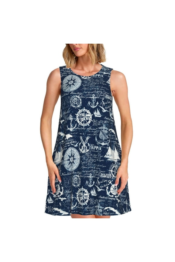 Sailing Cruises Nautical Print Women’s Sleeveless Midi Swing Dress – A-Line Pleated Tank Sundress, Comfortable and Flowy T-Shirt Dress