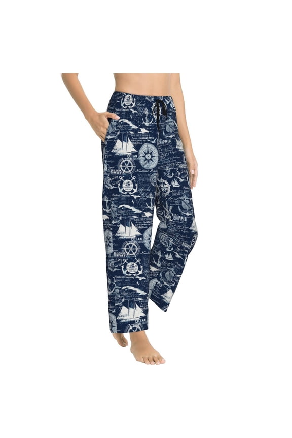 Sailing Cruises Nautical Womens Soft Woven Cotton Elastic Waistband Sleep Pajama Pant Lounge Sleep Pant With Pockets And Drawstring-Small