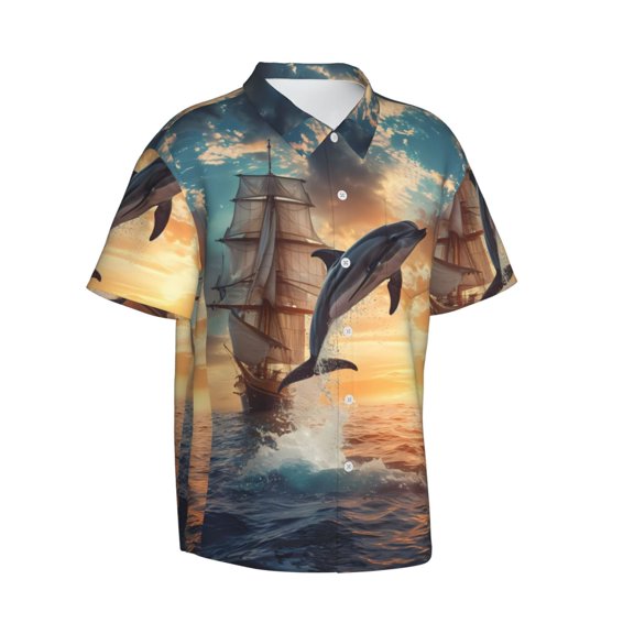 Picia Sailing Dancing Dolphin Gentle Cotton Regular Fit Short Sleeve Casual Hawaiian Shirt for Men-X-Large