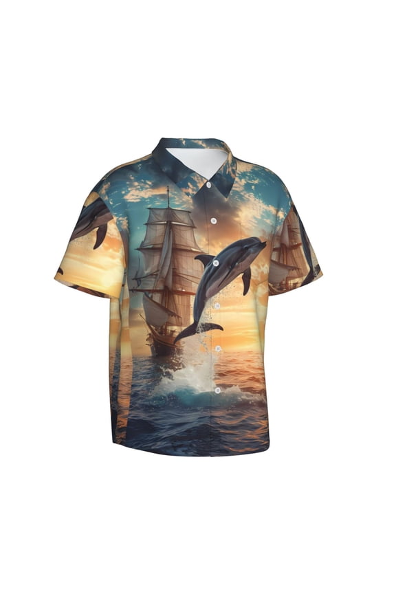 Sailing Dancing Dolphin Gentle Cotton Regular Fit Short Sleeve Casual Hawaiian Shirt for Men-X-Large