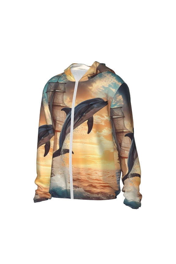 Sailing Dancing Dolphin Women's Men's UPF 50+ Sun Protection Hoodie Shirt Long Sleeve SPF Fishing Outdoor UV Hiking Lightweight Shirts-Medium