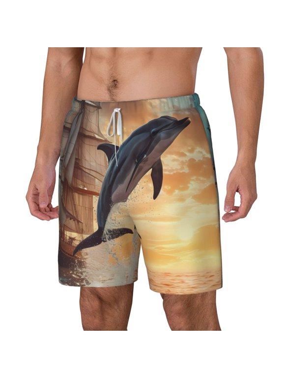 Sailing Dancing Dolphin pattern Mens Swim Trunks with Compression Liner Stretch Beach Shorts Quick Dry with Zipper Pockets No-Chafing Board Shorts-Small