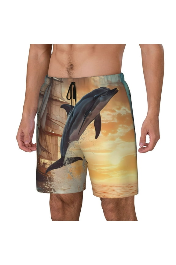 Sailing Dancing Dolphin pattern Mens Swim Trunks with Compression Liner Stretch Beach Shorts Quick Dry with Zipper Pockets No-Chafing Board Shorts-Small