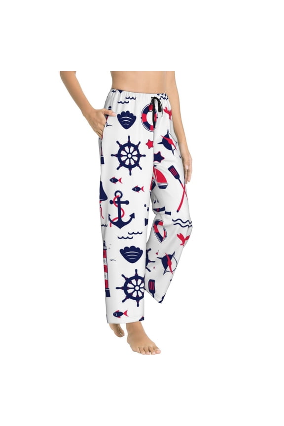 Sailing Marine Travel Womens Soft Woven Cotton Elastic Waistband Sleep Pajama Pant Lounge Sleep Pant With Pockets And Drawstring-Small