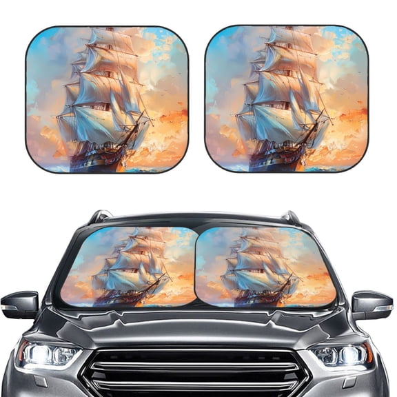 Picia Sailing Ship Ocean Sunset 2 Piece Car Windshield Sun Shade Foldable | Foldable Sun Shield for Front Window Blocks UV Rays and Keeps Your Vehicle Cool-Large