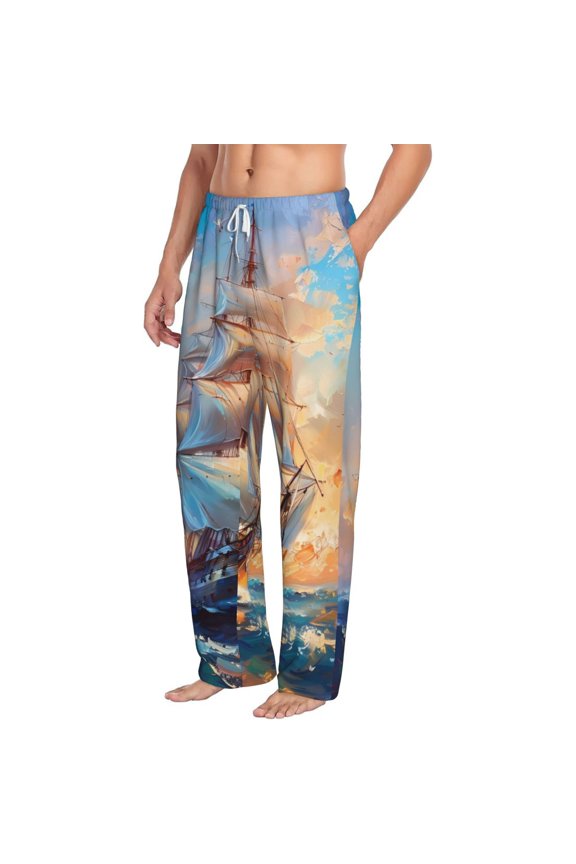 Sailing Ship Ocean Sunset Mens Soft Woven Cotton Elastic Waistband Sleep Pajama Pant Lounge Sleep Pant With Pockets And Drawstring-Small