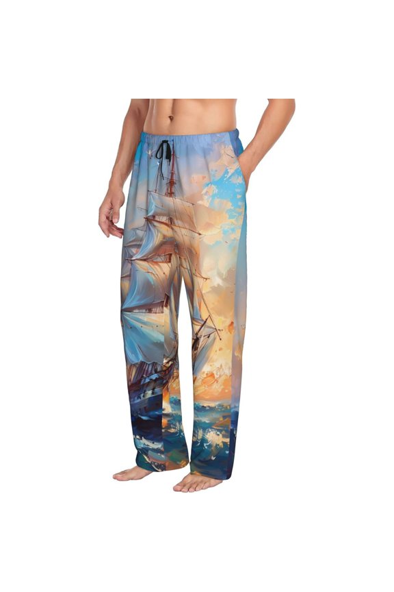 Sailing Ship Ocean Sunset Mens Soft Woven Cotton Elastic Waistband Sleep Pajama Pant Lounge Sleep Pant With Pockets And Drawstring-Small