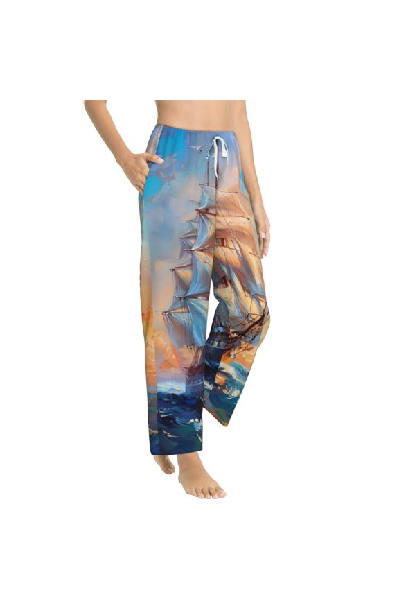 Sailing Ship Ocean Sunset Womens Soft Woven Cotton Elastic Waistband Sleep Pajama Pant Lounge Sleep Pant With Pockets And Drawstring-Medium