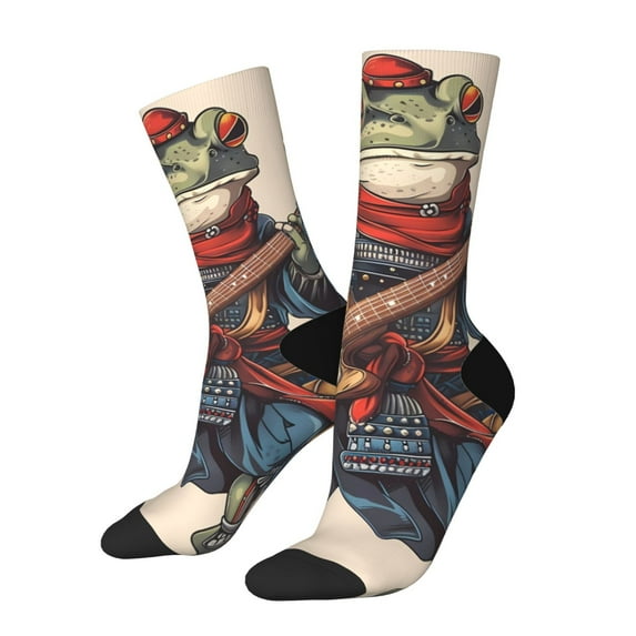 Picia Samurai Frog Guitar Print Athletic Socks for Men & Women – Cushioned Moisture-Wicking Crew Socks for Sports, Running, and Training, Soft & Breathable Size 5-11