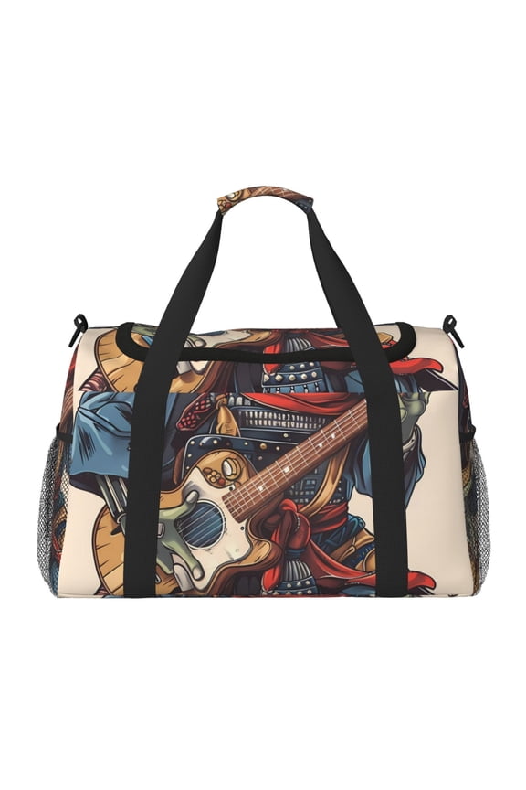 Samurai Frog Guitar Print Travel Duffle Bag,Weekender Bags for Women with Shoe Compartment, Gym Duffel Bag with Wet Pocket, Hospital Bags for Labor and Delivery