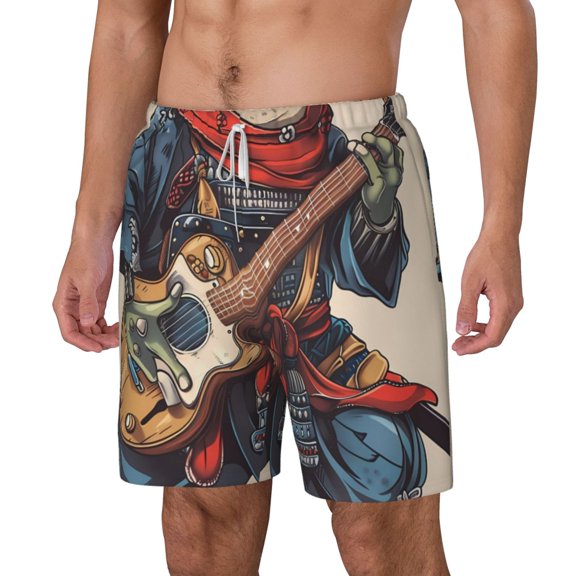 Picia Samurai Frog Guitar pattern Mens Swim Trunks with Compression Liner Stretch Beach Shorts Quick Dry with Zipper Pockets No-Chafing Board Shorts-XX-Large