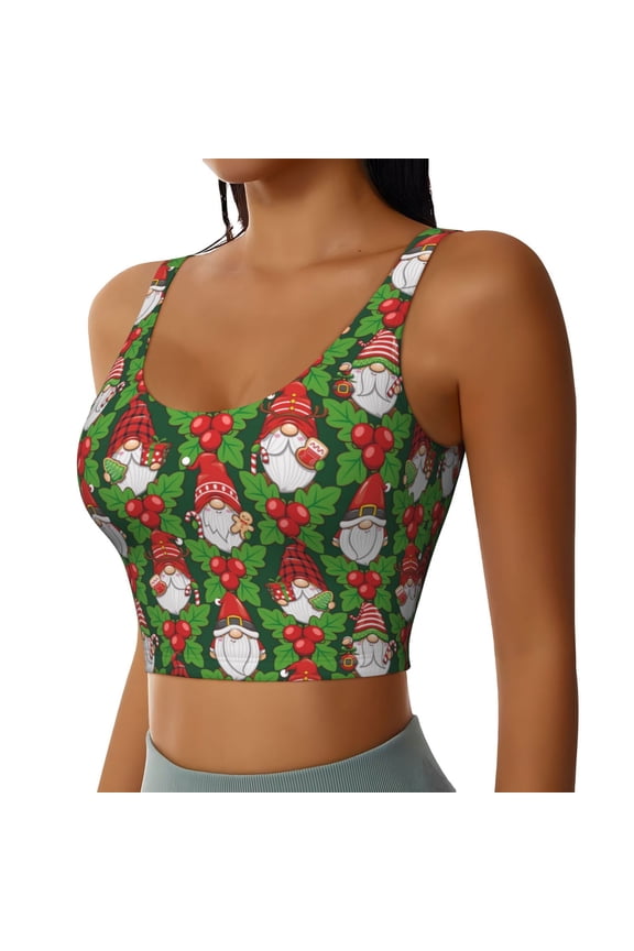 Santa Claus And Gnomes Sports Bra for Women,Padded Strappy Sports Bras Medium Support Yoga Bra with Removable Cups,Running Yoga Bra-Small