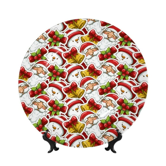 Picia Santa Claus bells Snowman Pattern Bone China Decorative Plate – Wall Decor with Stand and Adhesive, Elegant Ornament for Living Room, Office, or Entryway-7in