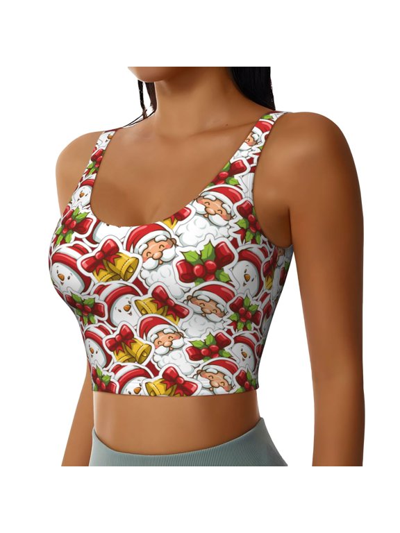 Santa Claus bells Snowman Sports Bra for Women,Padded Strappy Sports Bras Medium Support Yoga Bra with Removable Cups,Running Yoga Bra-XX-Large