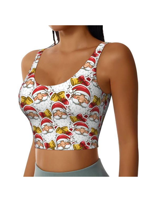 Santa Claus bells Sports Bra for Women,Padded Strappy Sports Bras Medium Support Yoga Bra with Removable Cups,Running Yoga Bra-Large