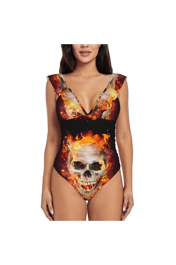 Satanic Skull Blooming Jelly Womens Tummy Control Bathing Suits Slimming Ruffle Swimsuit One Piece Lace Swimwear-