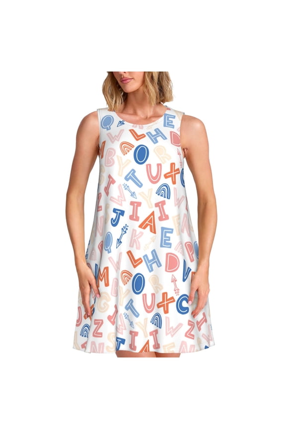 Scandinavian Alphabet Print Women’s Sleeveless Midi Swing Dress – A-Line Pleated Tank Sundress, Comfortable and Flowy T-Shirt Dress