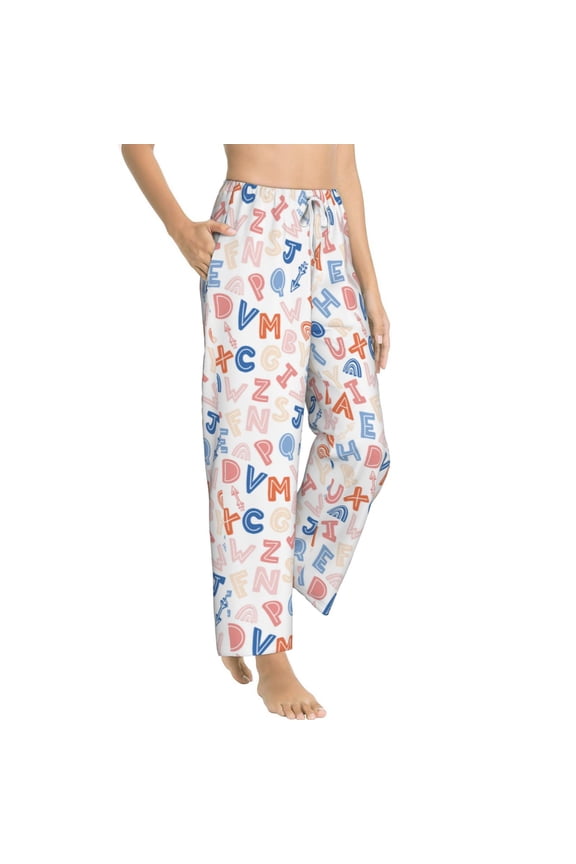 Scandinavian Alphabet Womens Soft Woven Cotton Elastic Waistband Sleep Pajama Pant Lounge Sleep Pant With Pockets And Drawstring-Small