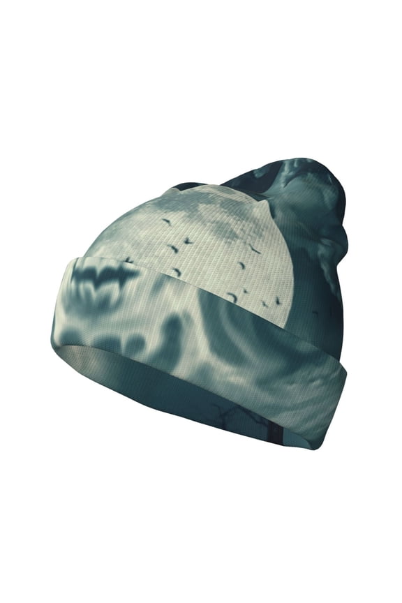 Scary Moon And Clouds Pattern Knitted Beanie Hat for Men and Women , Unisex Winter Warm Stretchy Knit Cap Thick Fisherman Beanies Cuffed Plain Skull Caps