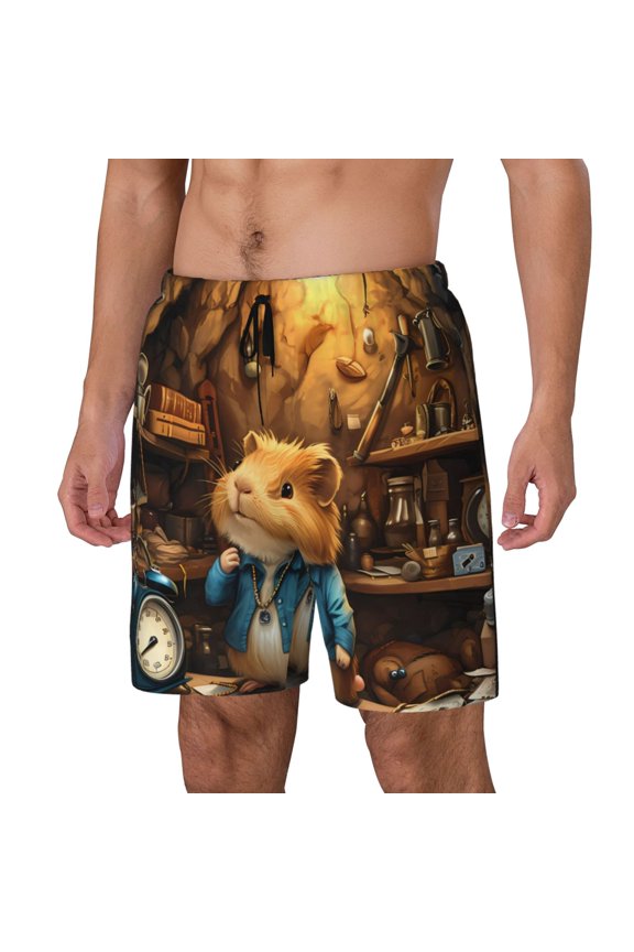 Scientist Guinea Pig pattern Mens Swim Trunks with Compression Liner Stretch Beach Shorts Quick Dry with Zipper Pockets No-Chafing Board Shorts-Large