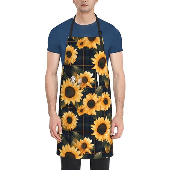 Picia Scottish Blue Plaid Sunflower Waterproof Apron for Unisex Adult - Adjustable Bib Apron with Pockets, Ideal for Cooking, Gardening, Painting, and Household Chores