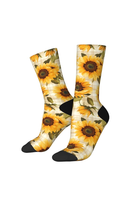 Scottish Plaid Sunflower Print Athletic Socks for Men & Women – Cushioned Moisture-Wicking Crew Socks for Sports, Running, and Training, Soft & Breathable Size 5-11