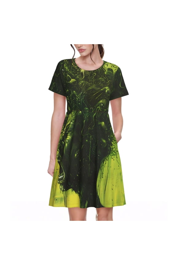 Screaming Horror Art Pattern Women's Short Sleeve Summer Dress Pleated Loose Swing Knee Length Short Sleeve Swing Dresses