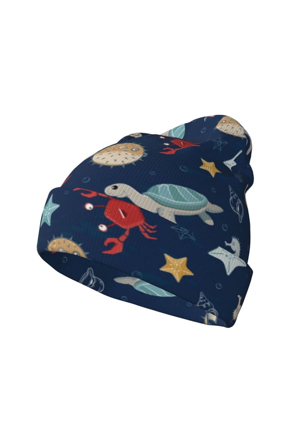 Sea Creatures Pattern Knitted Beanie Hat for Men and Women , Unisex Winter Warm Stretchy Knit Cap Thick Fisherman Beanies Cuffed Plain Skull Caps