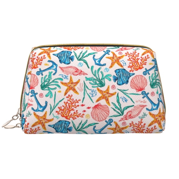 Picia Sea Creatures Print Leather Makeup Bag Make Up Bag Travel Toiletry Bag for Her Girlfriend Teacher Teen Girl Gifts