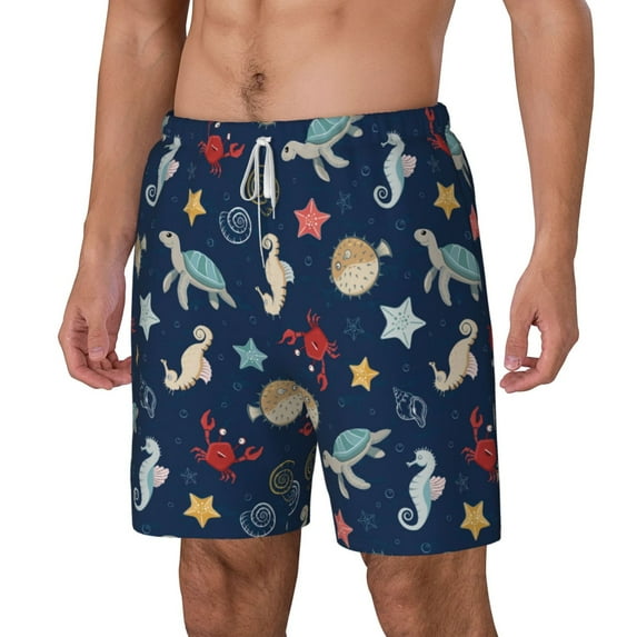 Picia Sea Creatures pattern Mens Swim Trunks with Compression Liner Stretch Beach Shorts Quick Dry with Zipper Pockets No-Chafing Board Shorts-Large