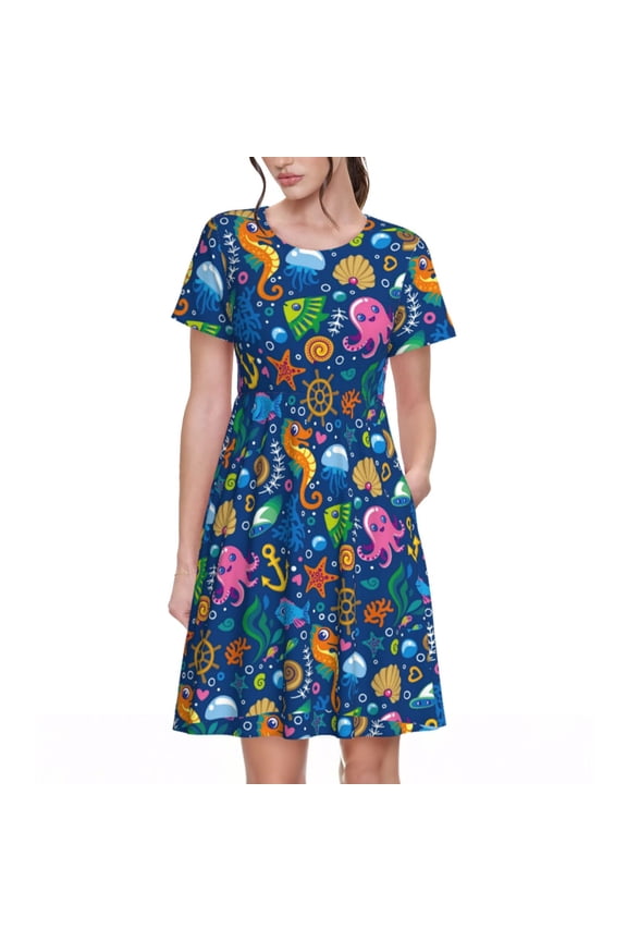 Sea Fish Pattern Women's Short Sleeve Summer Dress Pleated Loose Swing Knee Length Short Sleeve Swing Dresses