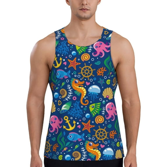 Picia Sea Fish Printed Men’s Performance Tank, Men's Workout Tank Top Moisture-Wicking Tank Top Muscle tee, Breathable Workout Shirt-4X-Large