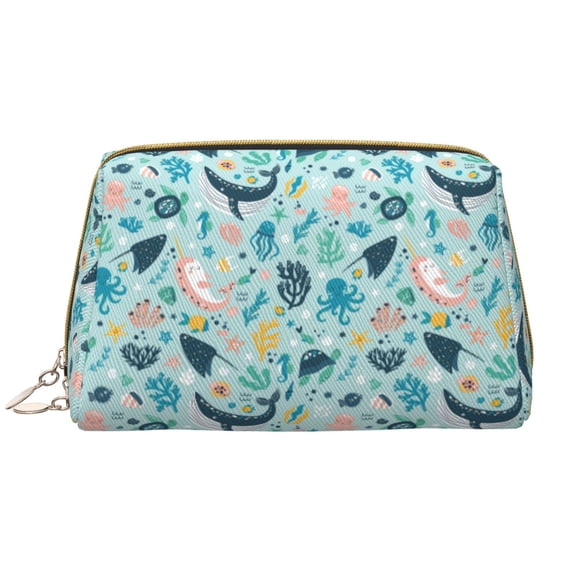 Picia Sea Life Print Leather Makeup Bag Make Up Bag Travel Toiletry Bag for Her Girlfriend Teacher Teen Girl Gifts
