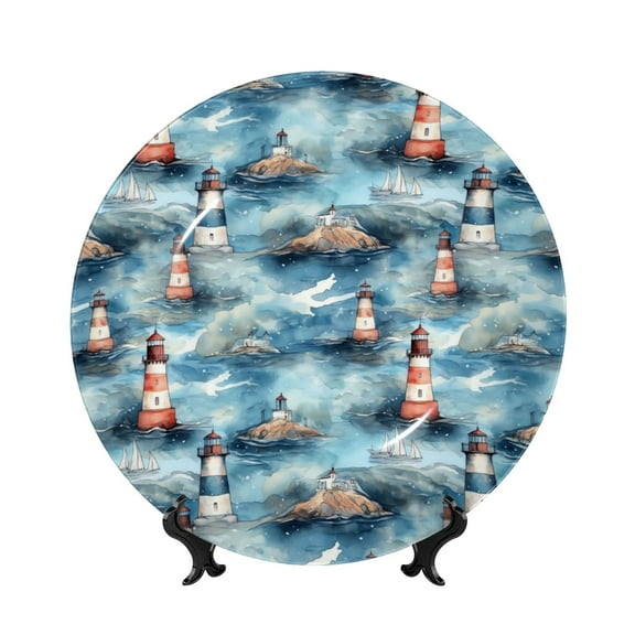 Picia Sea Marine And Lighthouse Pattern Bone China Decorative Plate – Wall Decor with Stand and Adhesive, Elegant Ornament for Living Room, Office, or Entryway-7in