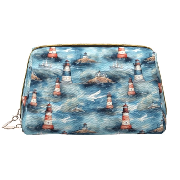 Picia Sea Marine And Lighthouse Print Leather Makeup Bag Make Up Bag Travel Toiletry Bag for Her Girlfriend Teacher Teen Girl Gifts