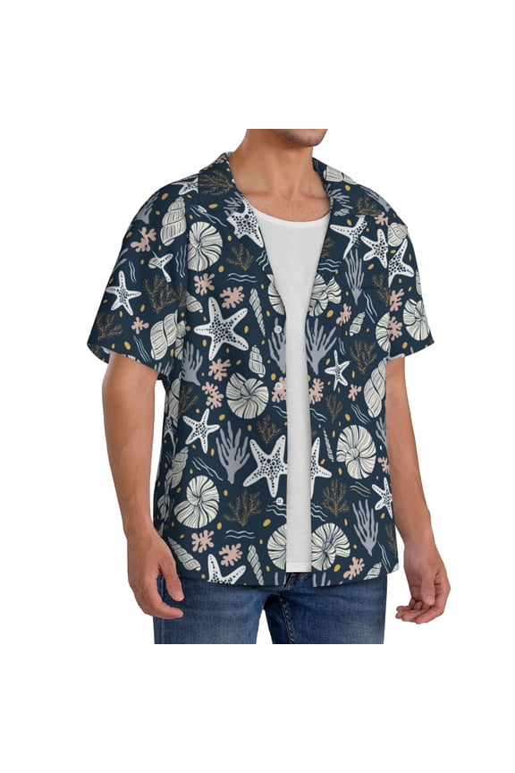 Sea Shells 1 Men's Linen Shirts Short Sleeve Cuban Beach Shirts Casual Shirts Button Down Shirt for Men Beach Summer Wedding Shirt-Small