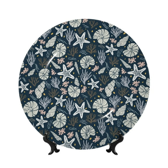 Picia Sea Shells 1 Pattern Bone China Decorative Plate – Wall Decor with Stand and Adhesive, Elegant Ornament for Living Room, Office, or Entryway-6in