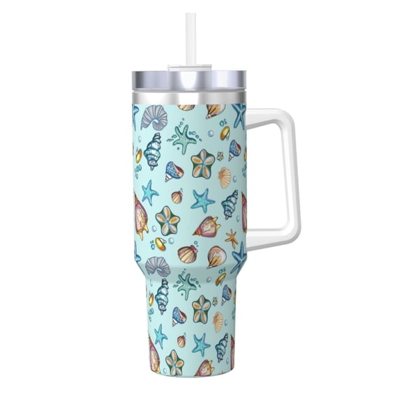 Picia Sea Shells 2 Pattern 40oz Ice Bully Insulated Tumbler with Handle, Double-Wall Stainless Steel Cup, Leak-Proof Lid and Straw