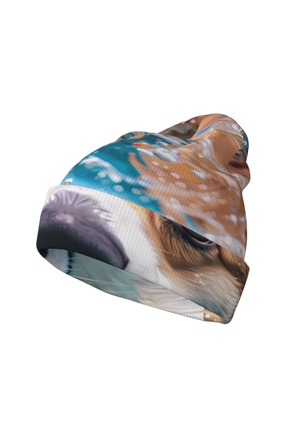 Sea Swimming Corgi Pattern Knitted Beanie Hat for Men and Women , Unisex Winter Warm Stretchy Knit Cap Thick Fisherman Beanies Cuffed Plain Skull Caps