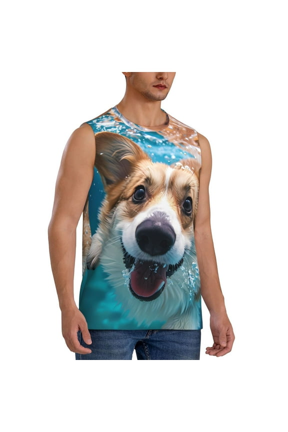 Sea Swimming Corgi mens Cotton Tank Undershirts , Moisture-wicking Ribbed Tanks, Lightweight Cotton Tank Undershirts-XX-Large