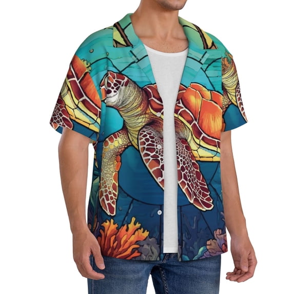 Picia Sea Turtle in Coral Men's Linen Shirts Short Sleeve Cuban Beach Shirts Casual Shirts Button Down Shirt for Men Beach Summer Wedding Shirt-4X-Large
