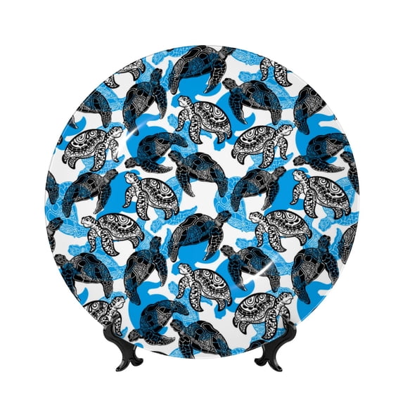 Picia Sea Turtle Life Pattern Bone China Decorative Plate – Wall Decor with Stand and Adhesive, Elegant Ornament for Living Room, Office, or Entryway-7in