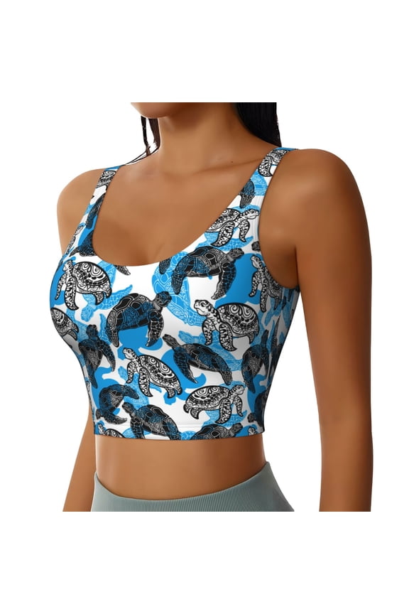 Sea Turtle Life Sports Bra for Women,Padded Strappy Sports Bras Medium Support Yoga Bra with Removable Cups,Running Yoga Bra-X-Large