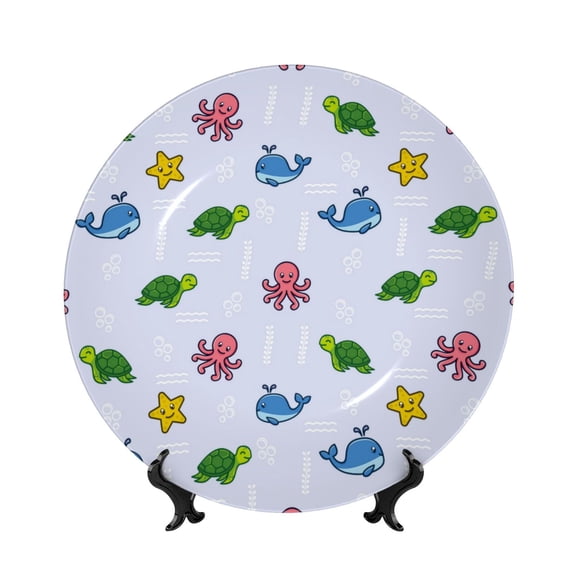 Picia Sea Turtle Whale Pattern Bone China Decorative Plate – Wall Decor with Stand and Adhesive, Elegant Ornament for Living Room, Office, or Entryway-8in