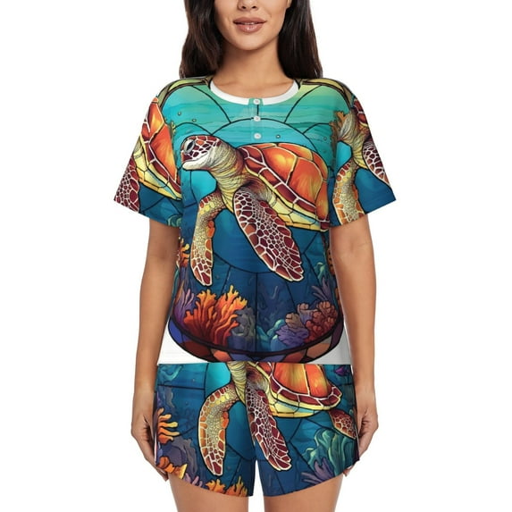 Picia Sea Turtle in Coral Pajamas Sets for Women Soft Short-Sleeved Pjs with Lounge Shorts Two Piece Sleepwear-Medium