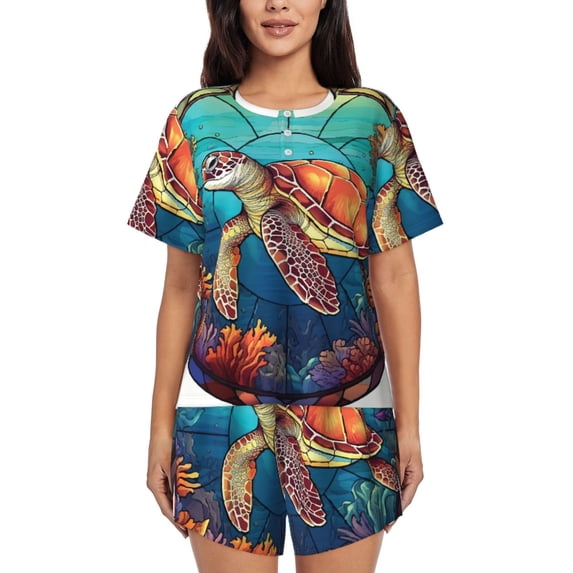 Picia Sea Turtle in Coral Pajamas Sets for Women Soft Short-Sleeved Pjs with Lounge Shorts Two Piece Sleepwear-Small
